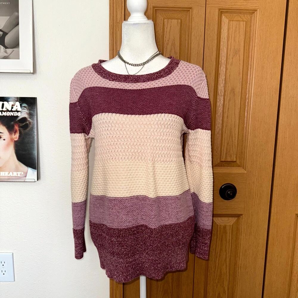 L.L.Bean Sweater Women Small Pink Cream Striped Knitted Long Sleeve Cottage Core